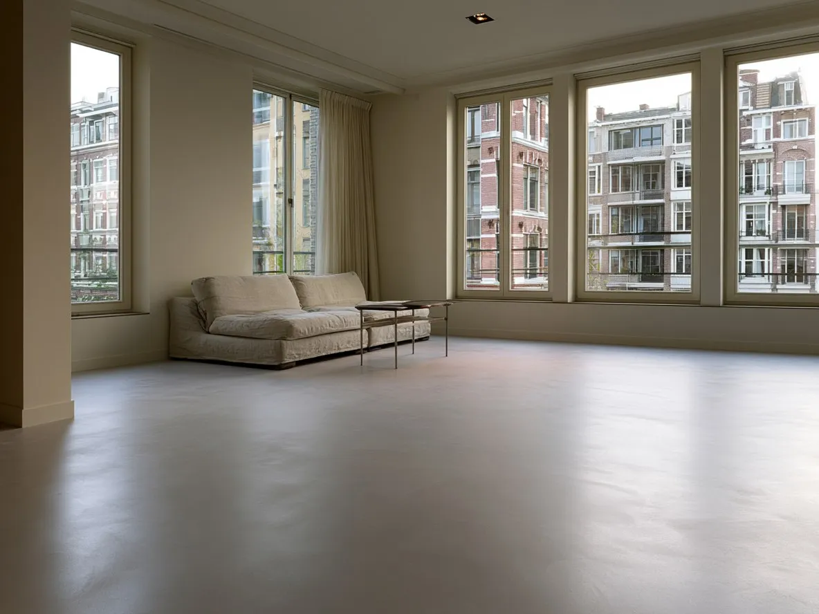 Project Utrecht — woonkamer waar microcement in de kleur Perla over de oude plavuizenvloer is aangebracht