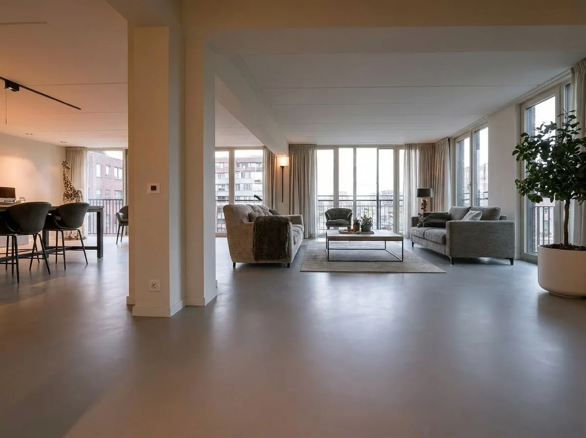 Zijaanzicht — 54 m² microcement Perla in een woonkamer, Utrecht