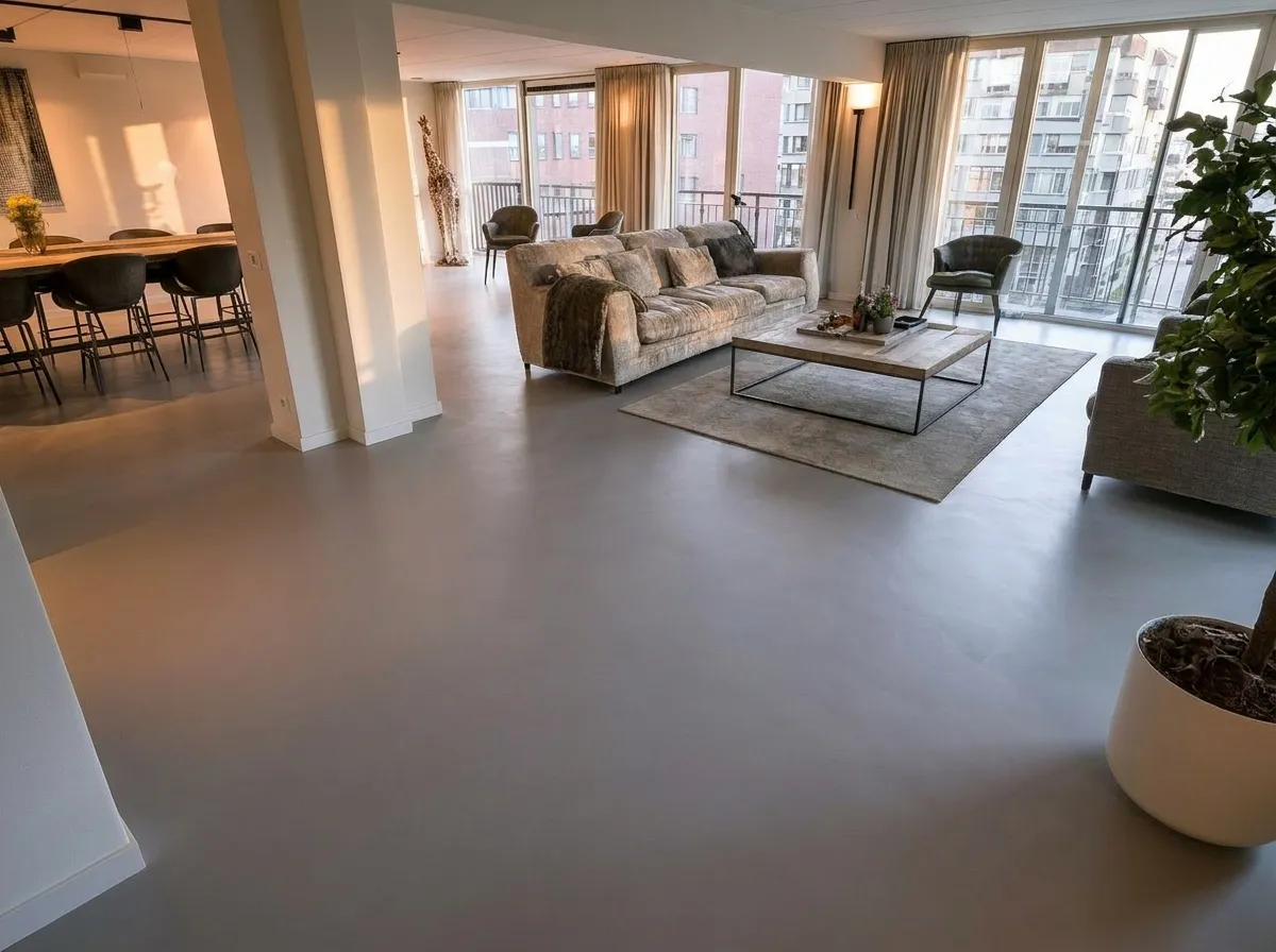 Vloerdetail — 54 m² microcement Perla in een woonkamer, Utrecht