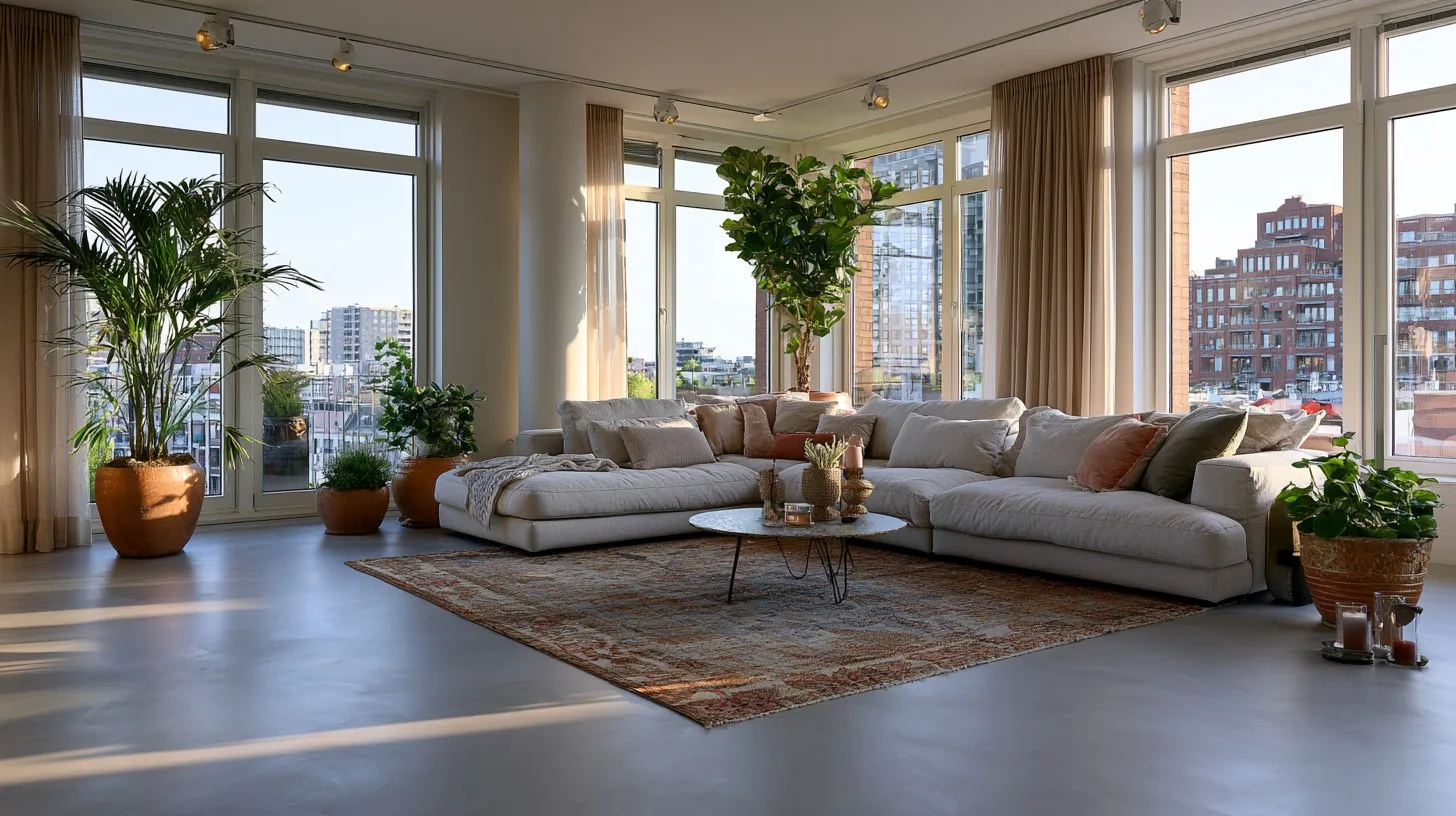 Naadloze microcement vloer met lage opbouw in een appartement