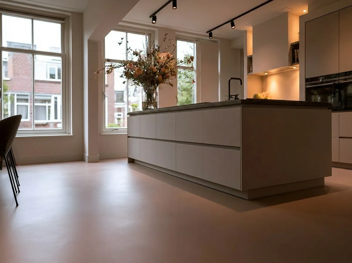 Andere hoek — 30 m² microcement Latte in een keuken, Amsterdam