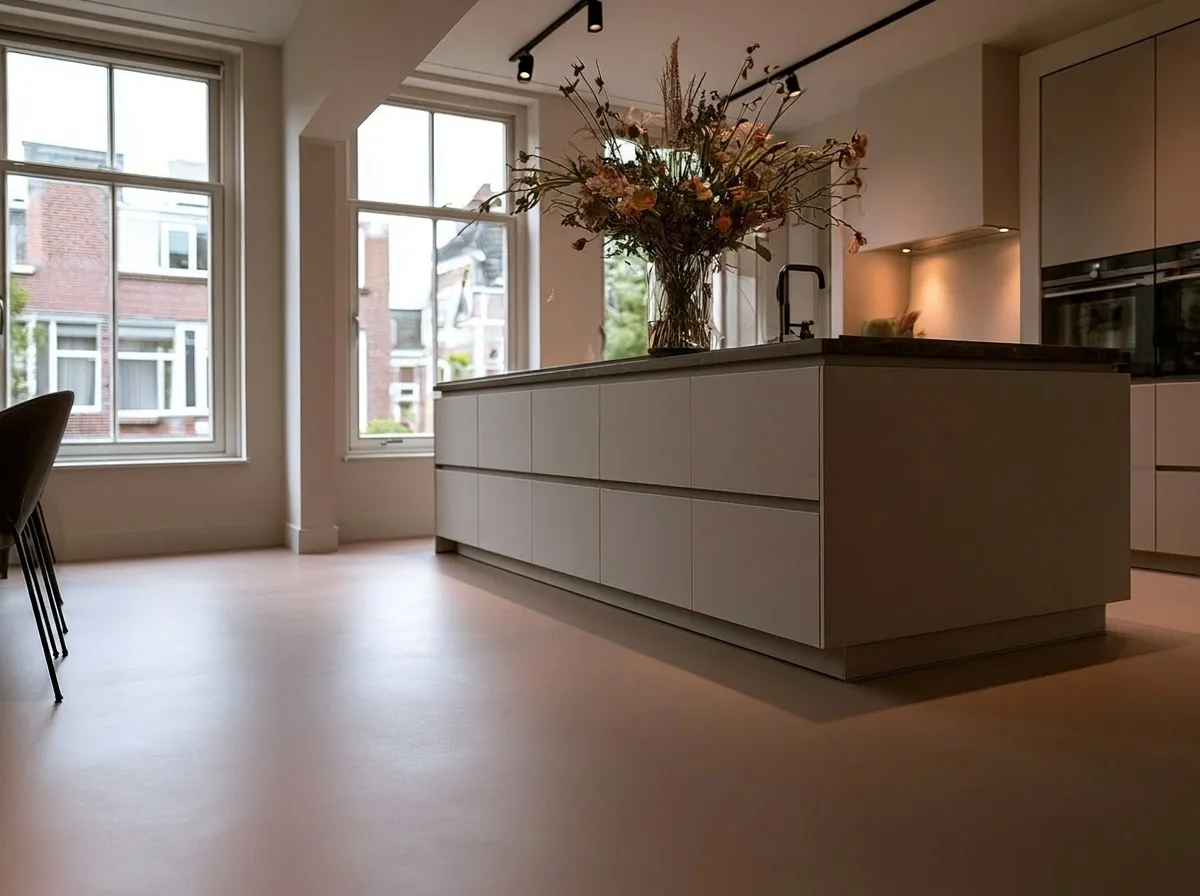 Zijaanzicht — 30 m² microcement Latte in een keuken, Amsterdam