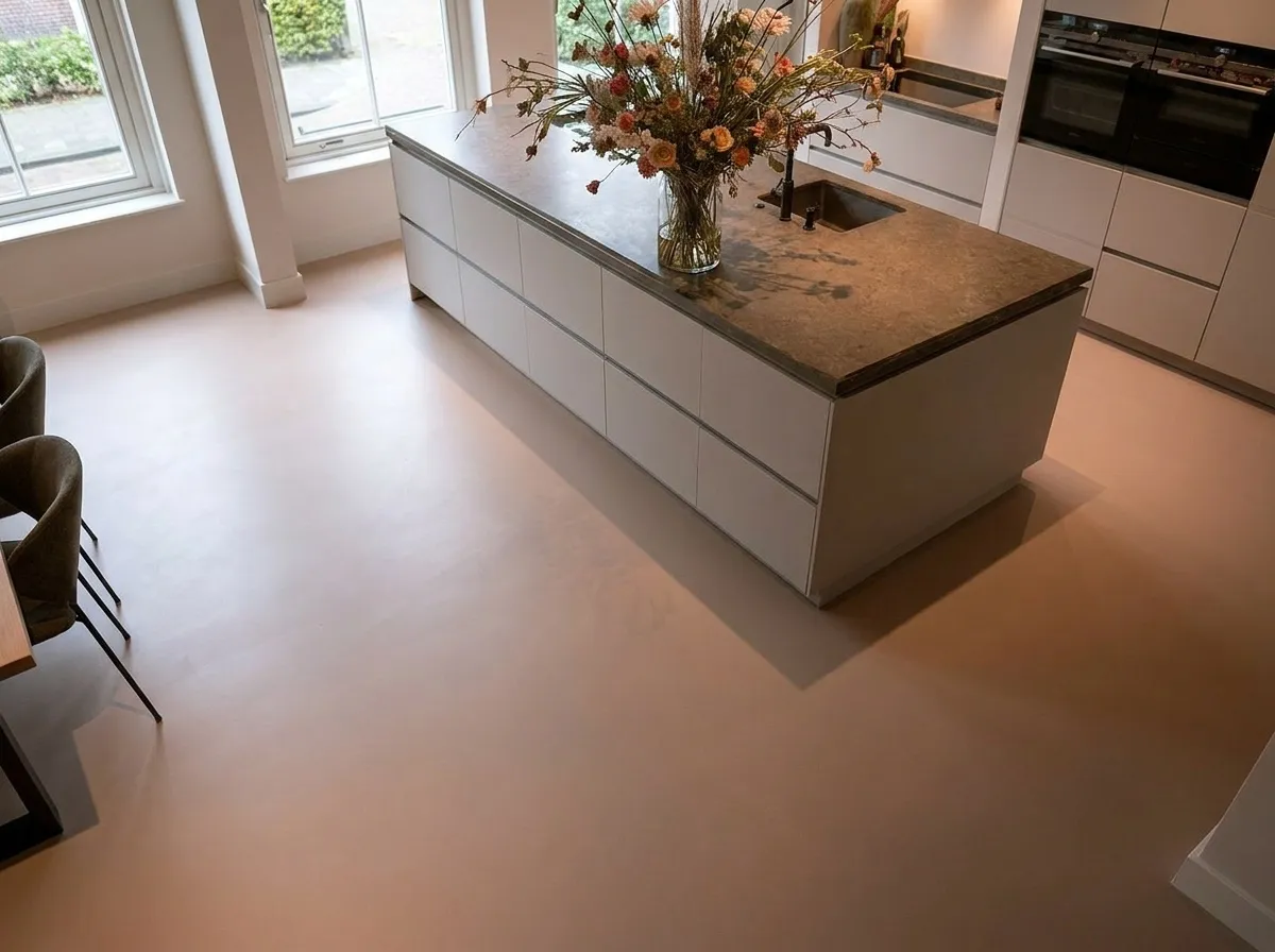 Vloerdetail — 30 m² microcement Latte in een keuken, Amsterdam