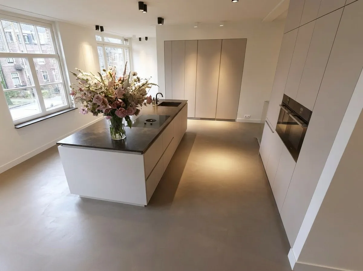 Vloerdetail — 24 m² microcement Topo in een keuken, Rotterdam