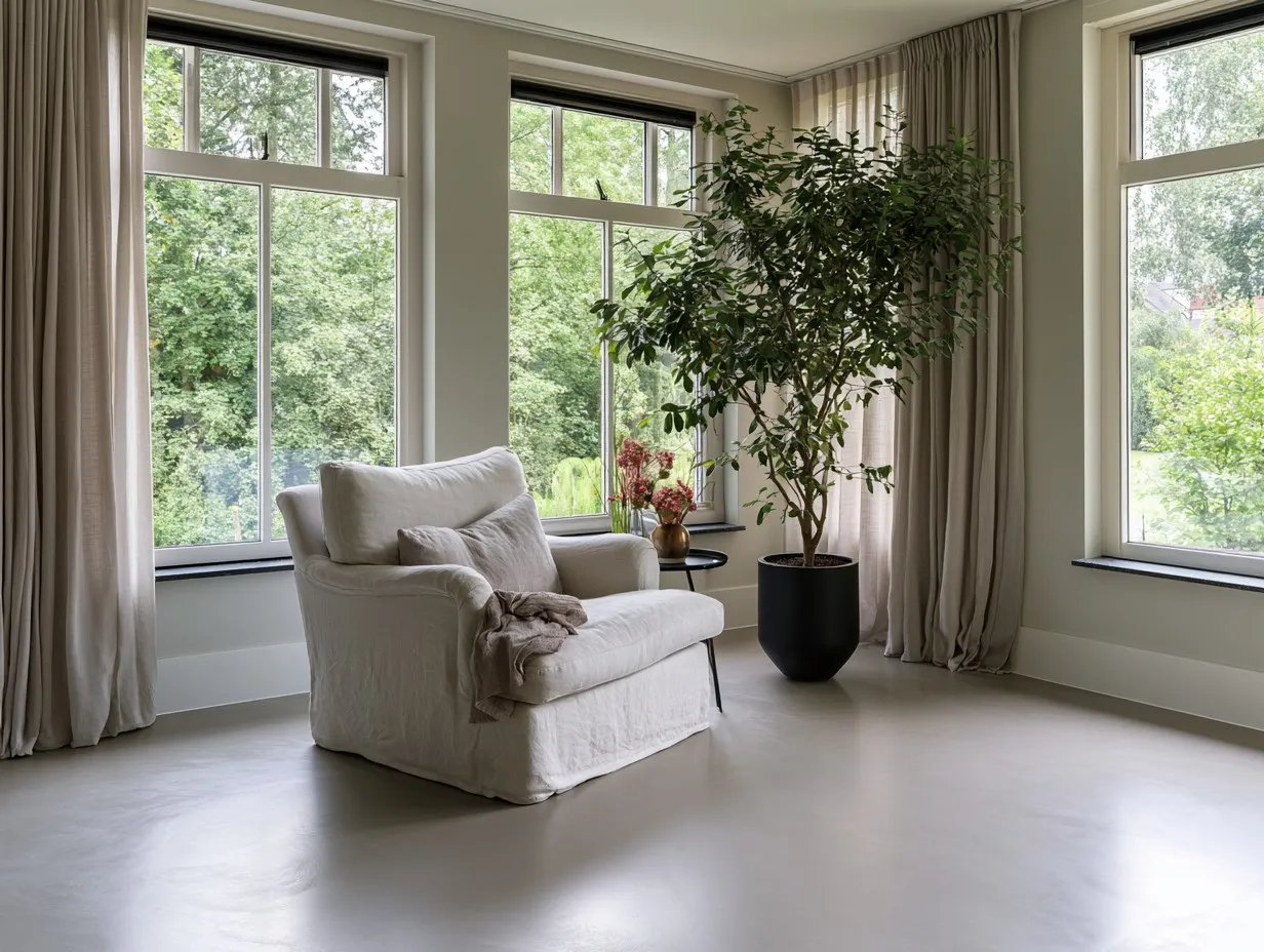 Microcement vloer in warme earthy taupe in een rietgedekte villa — Blaricum