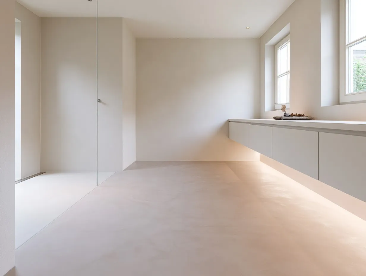 Microcement vloer in warme taupe in een gerenoveerde woning — Arnhem