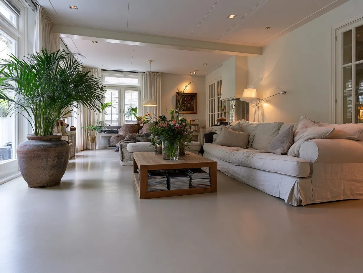 Microcement vloer in warm sandy beige in een Amsterdams appartement — Amsterdam