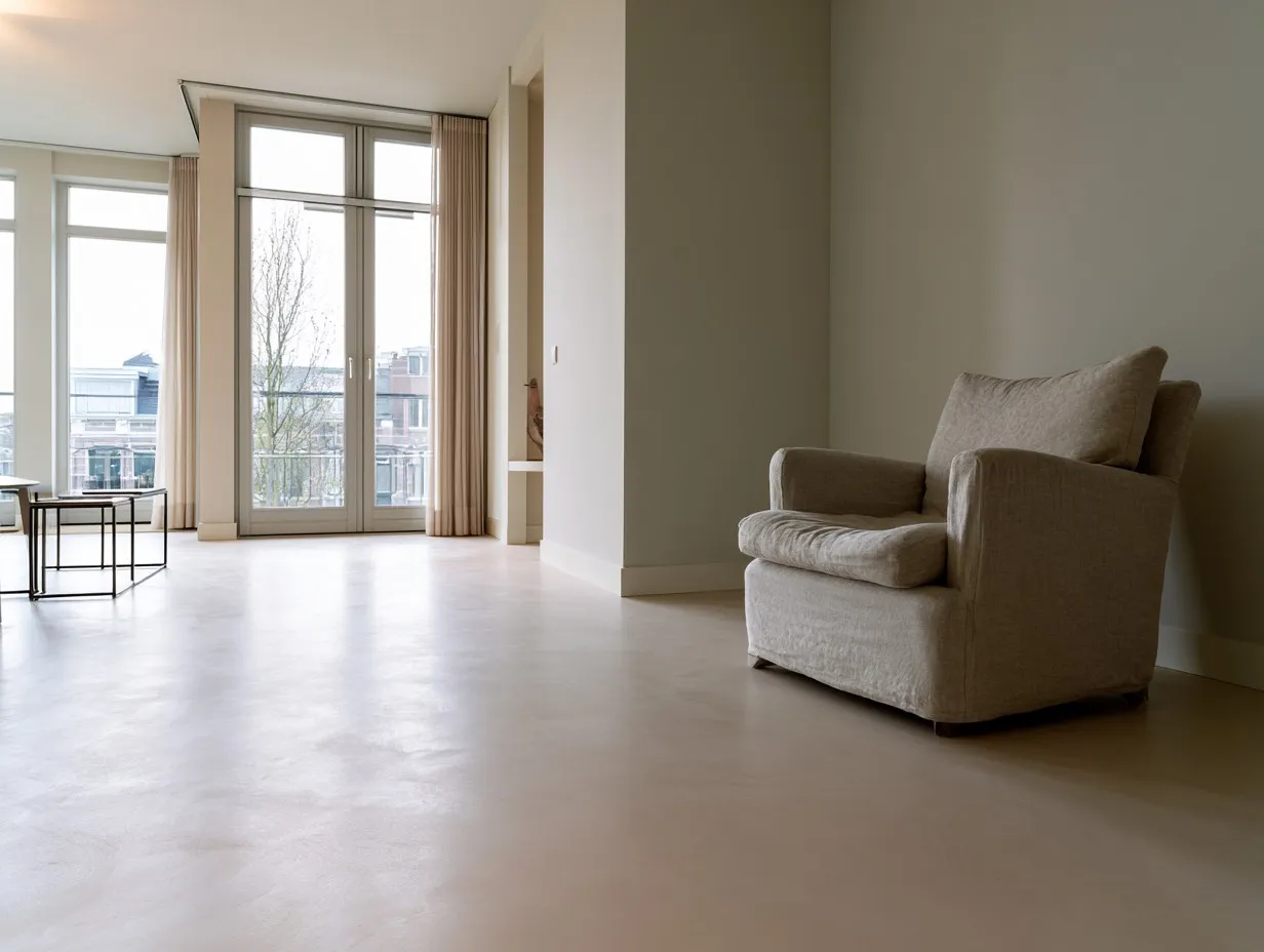 Microcement vloer in warm sandy beige in een vrijstaande woning — Bilthoven