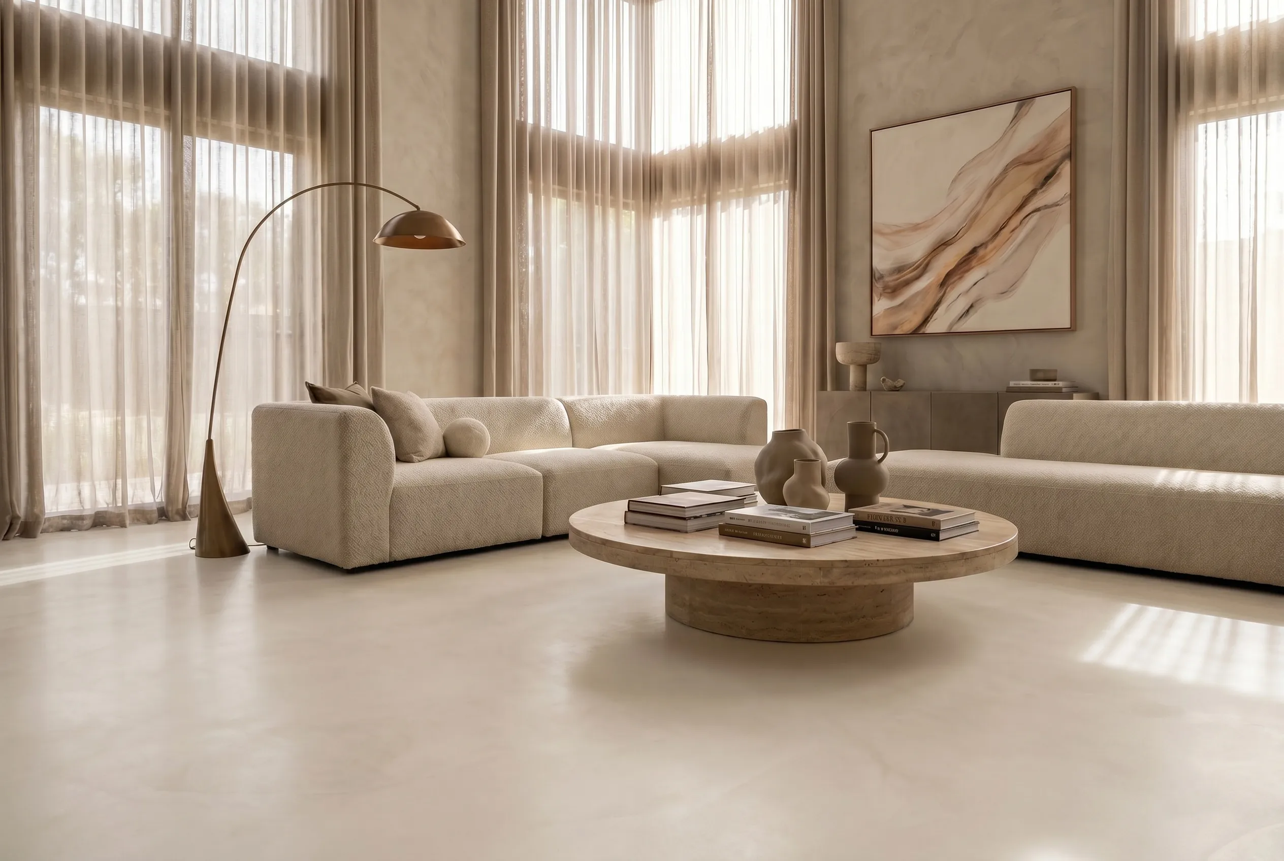 Na: één naadloze microcement vloer in de kleur Branco in een luxe woonkamer