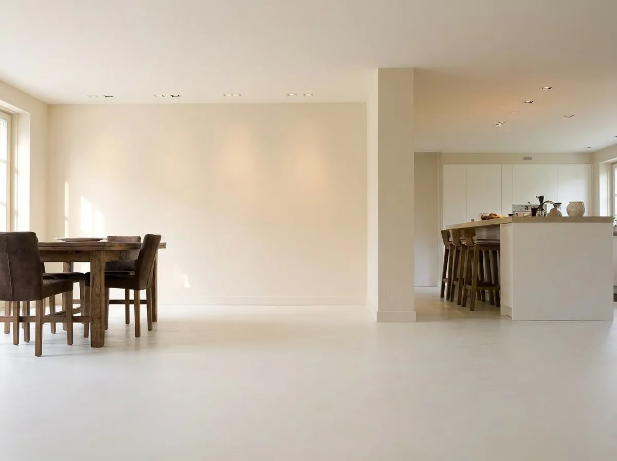 Zijaanzicht — 68 m² microcement Branco in een open ruimte, Amsterdam