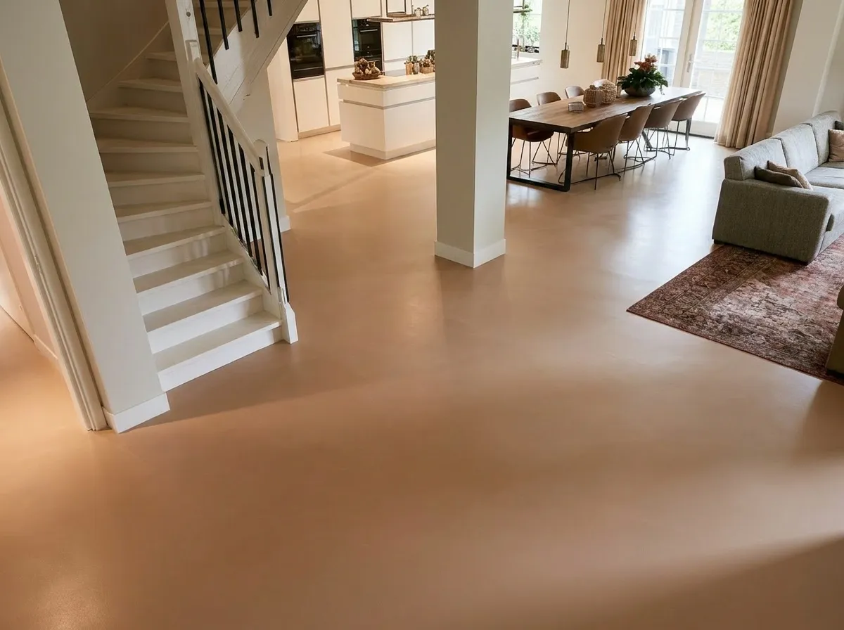 Vloerdetail — 88 m² microcement Terra in een open ruimte, Den Haag
