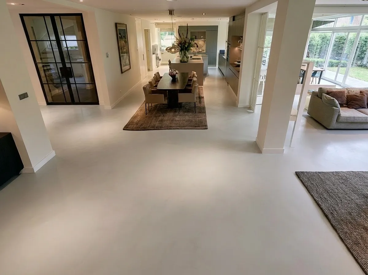 Vloerdetail — 95 m² microcement Perla in een open ruimte, Rotterdam