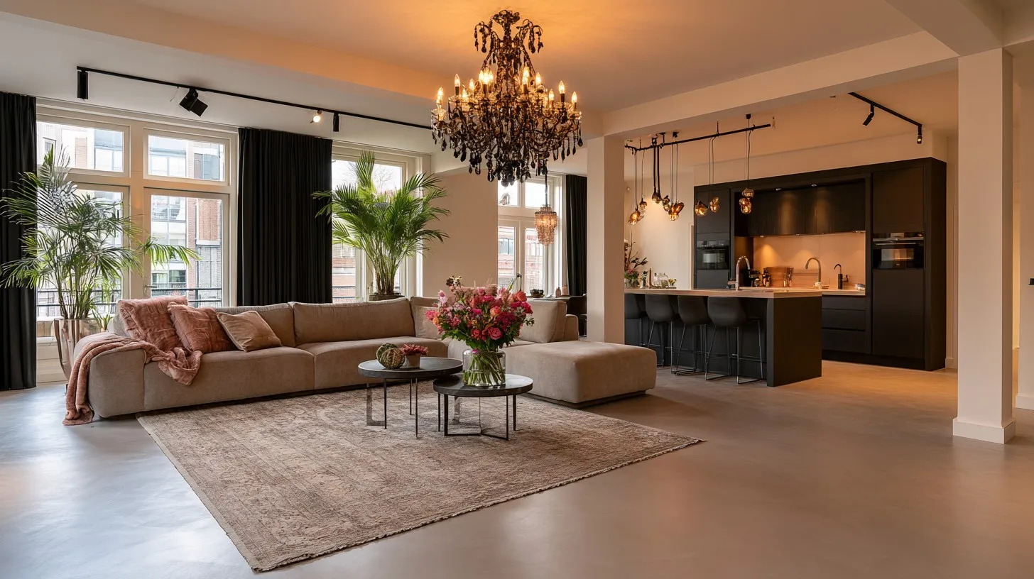 Naadloze microcement vloer in een woonkamer met warm daglicht