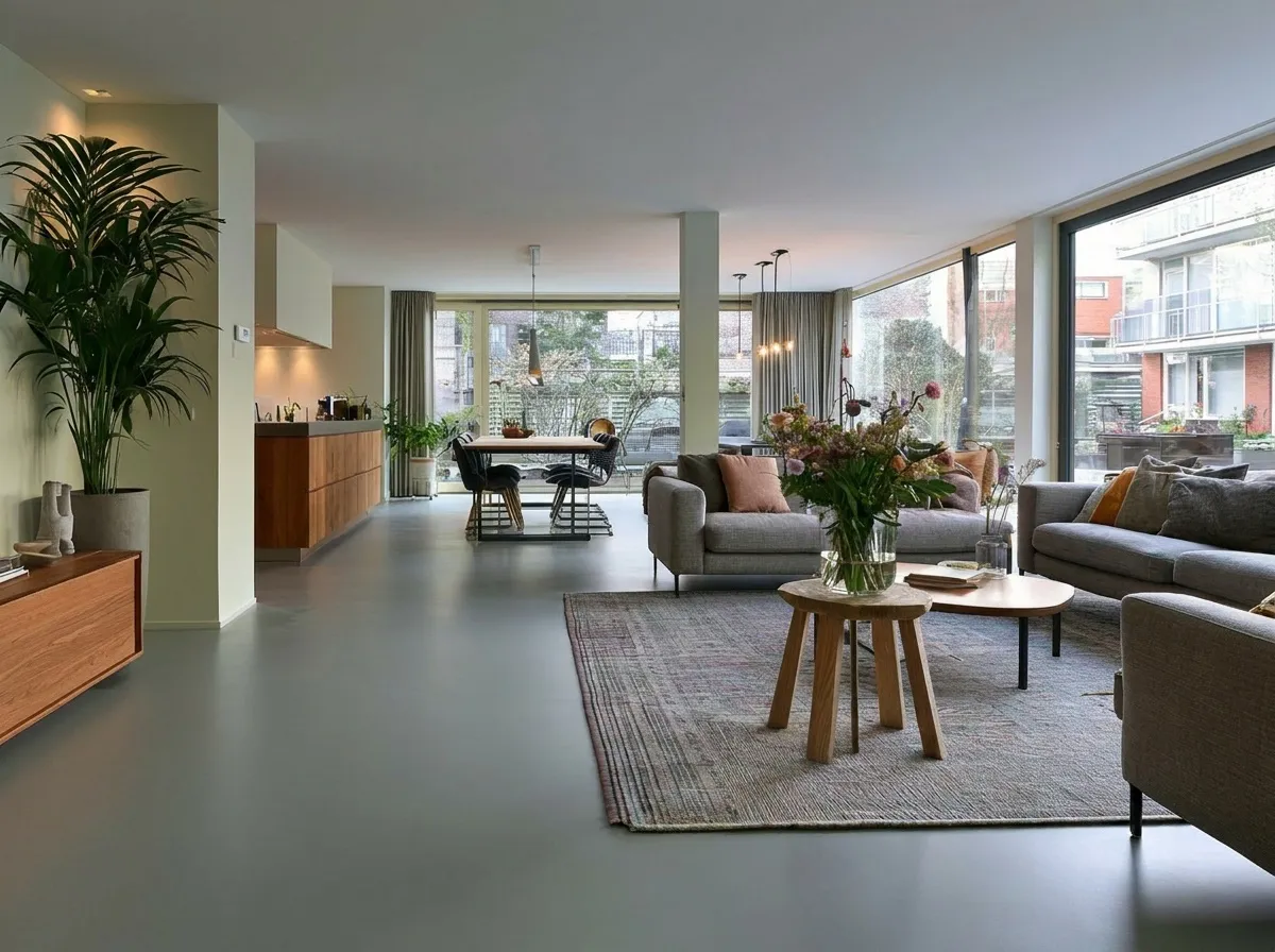 Vloerdetail — 58 m² microcement Mountain in een woonkamer, Amsterdam