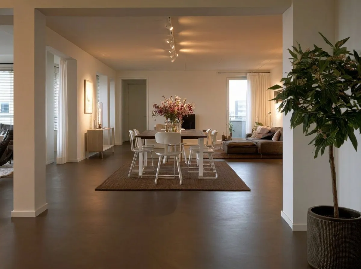 Andere hoek — 45 m² microcement Coffee in een woonkamer, Den Haag
