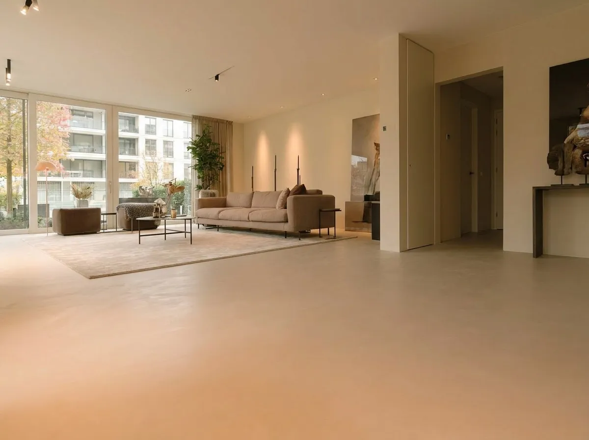 Andere hoek — 72 m² microcement Latte in een woonkamer, Rotterdam