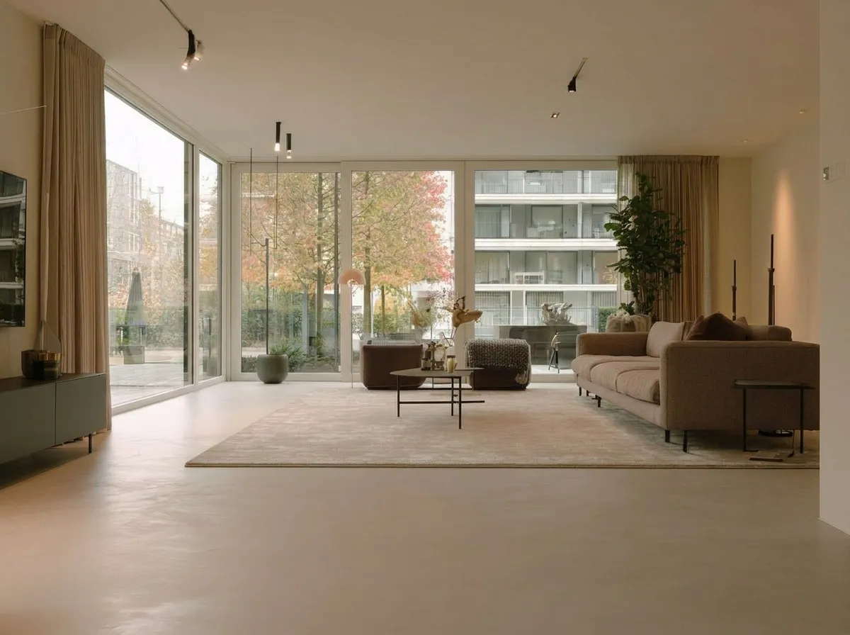 Zijaanzicht — 72 m² microcement Latte in een woonkamer, Rotterdam