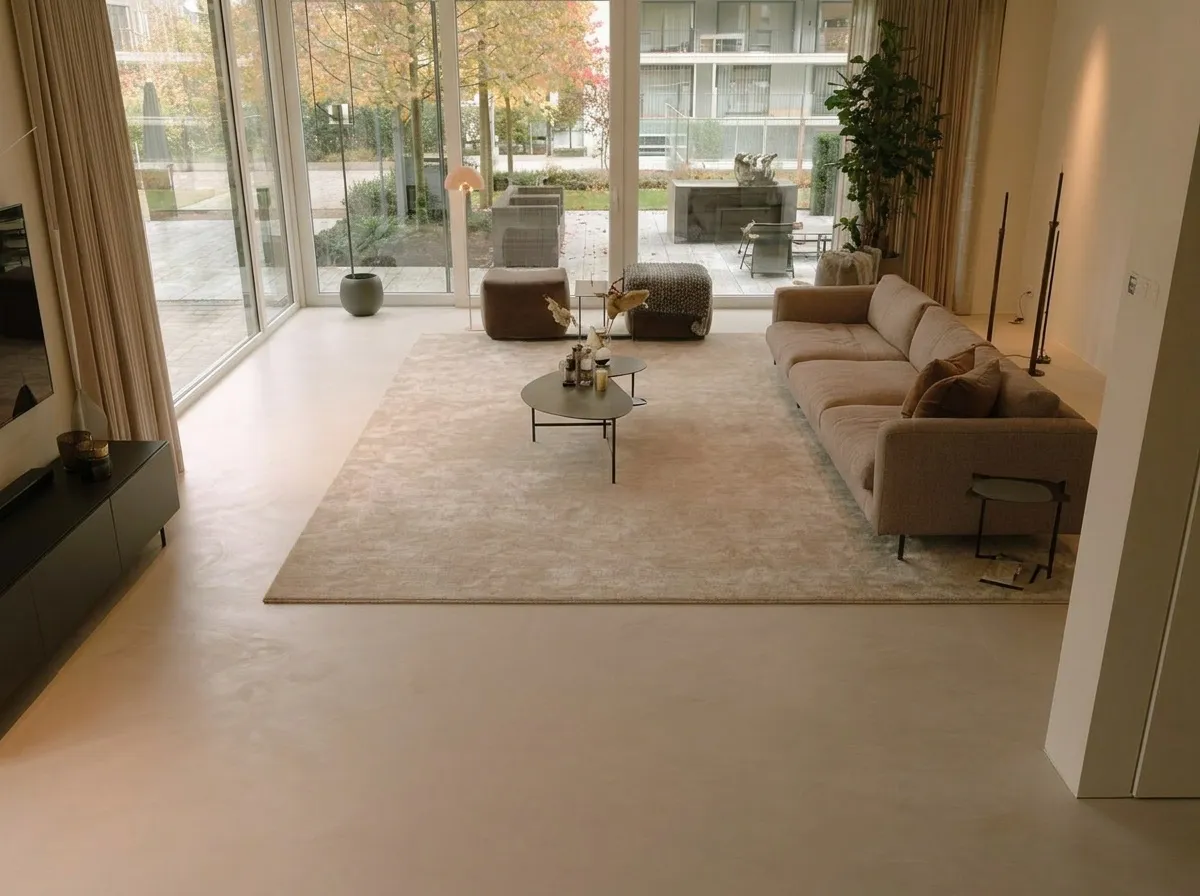 Vloerdetail — 72 m² microcement Latte in een woonkamer, Rotterdam