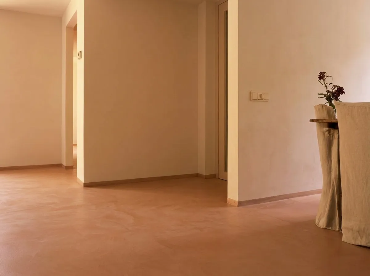 Zijaanzicht — 62 m² microcement Terracota in een woonkamer, Utrecht